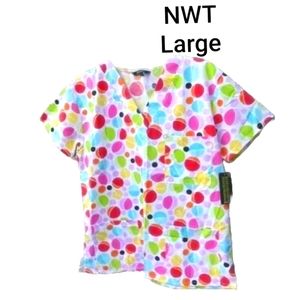 🆕Medical Scrub Top 3 Pocket Just Love White Background Multi Color Circl…